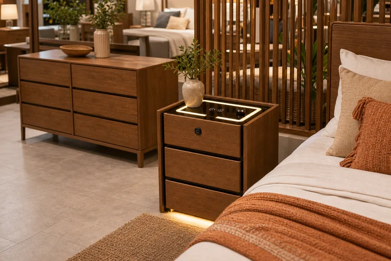 Buró de madera coordinado con muebles de recámara en exhibición mexicana